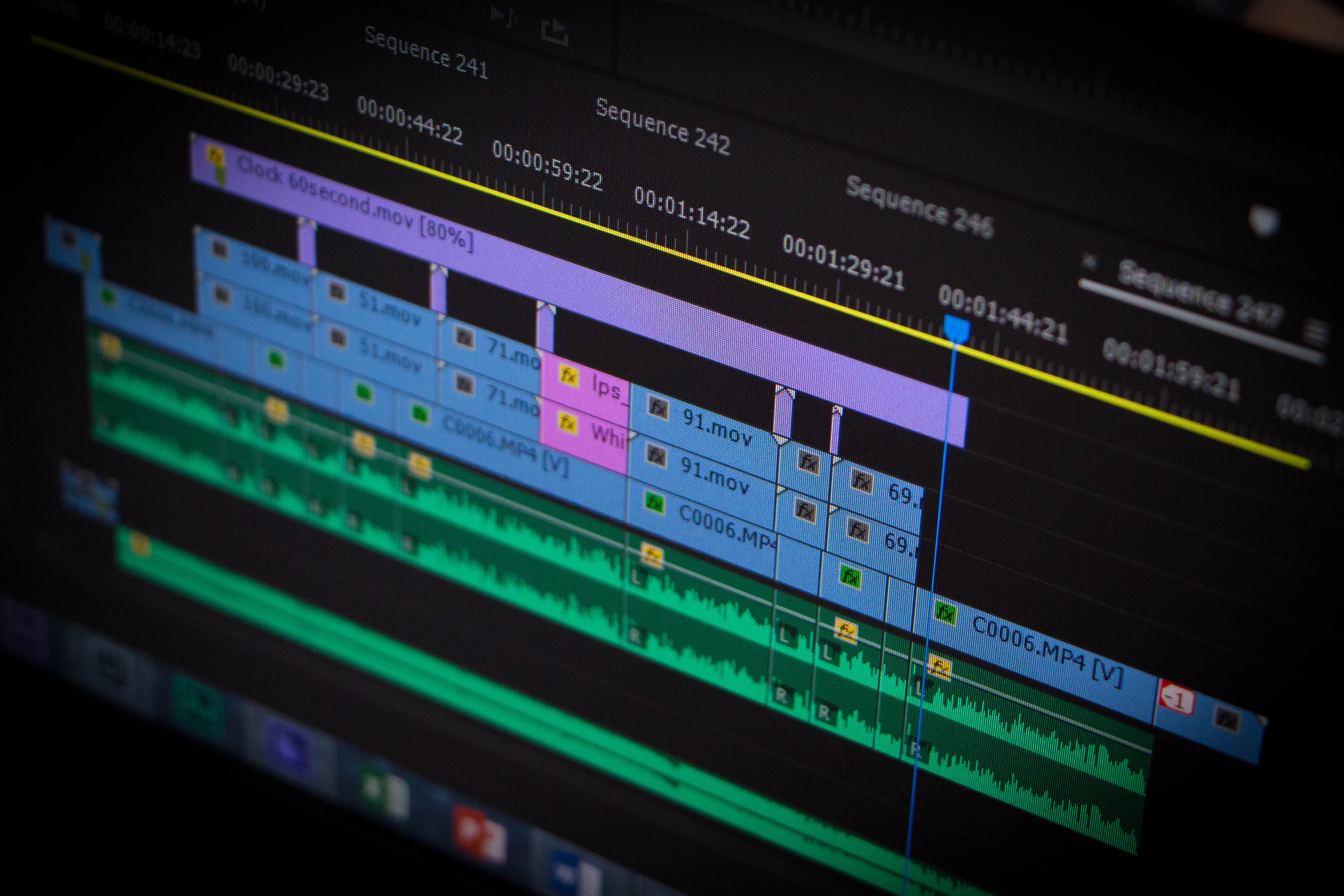 Image of this image showcases a video editing software interface featuring a detailed timeline with various video and audio tracks. the screen displays clips being edited, complete with color-coded segments and timecodes, illustrating the process of digital video production and multimedia editing. perfect for those interested