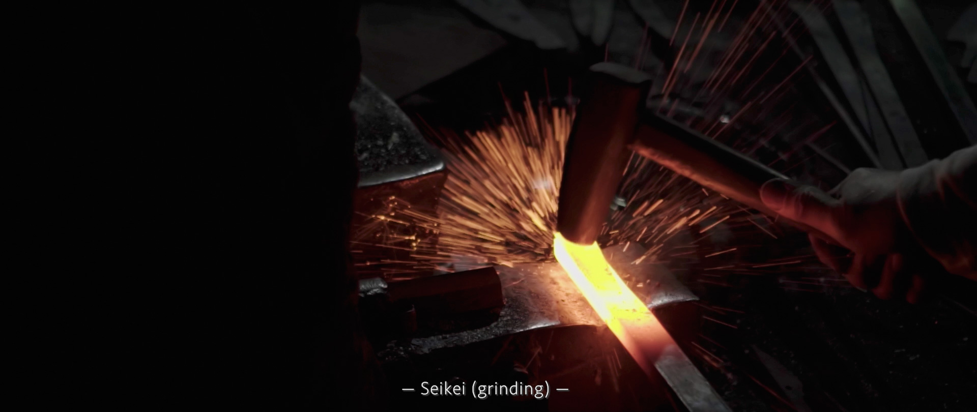 Image of a blacksmith at work, using a hammer to forge a glowing metal piece on an anvil. sparks fly as the hot metal is shaped, showcasing the art of traditional blacksmithing. captured in a dimly lit workshop, the scene highlights