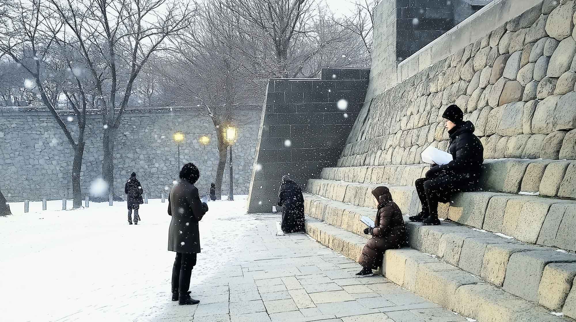 Image of a serene winter scene in a snow-covered urban park features a historic stone wall and steps. individuals, bundled in winter clothing, sit and stand amidst falling snowflakes, absorbed in reading or their thoughts. bare trees and glowing street lamps add a picturesque touch