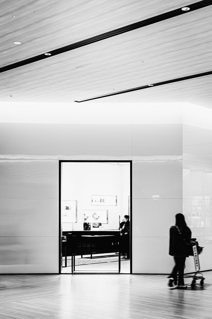 Image of black and white image of a modern shopping mall interior, featuring sleek architectural design with a prominent use of geometric lines and glossy surfaces. a person with a shopping trolley walks past a well-lit store entrance, showcasing an elegant retail display. the scene captures the